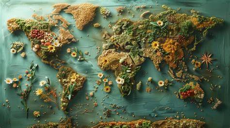 carte du monde avec des icônes de produits du commerce équitable
