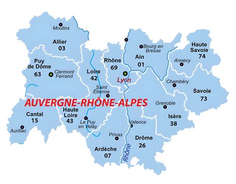 Carte de la région Auvergne-Rhône-Alpes avec Arnas Champburcy mis en évidence