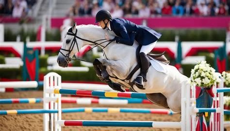 Cheval et cavalier en pleine action sur un parcours de saut d'obstacles