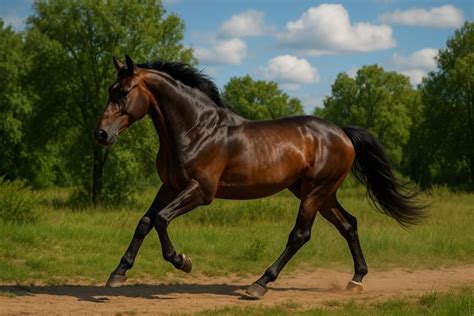 Cheval au trot dans l'eau peu profonde