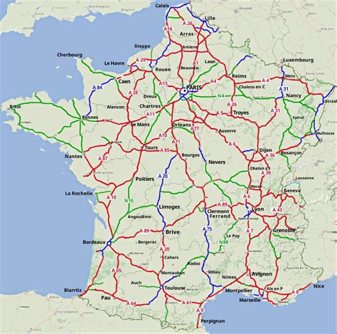 Carte routière de France mettant en évidence la Route Nationale 7