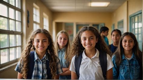Un groupe de jeunes filles souriantes avec des chevaux dans une écurie