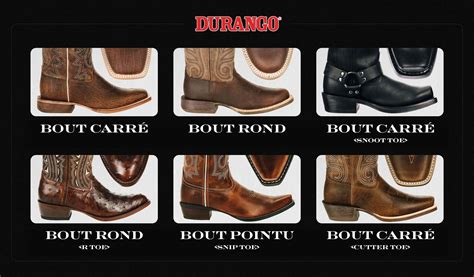 Diagramme comparant les formes de bouts de bottes western : rond, carré large, carré fin