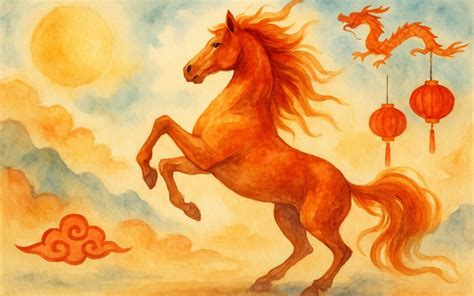 Illustration stylisée d'un cheval de feu aux couleurs vives