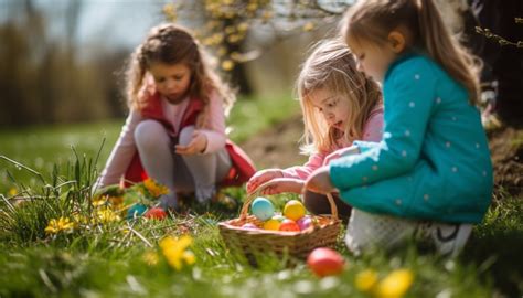 Enfants cherchant des œufs de Pâques dans un pré