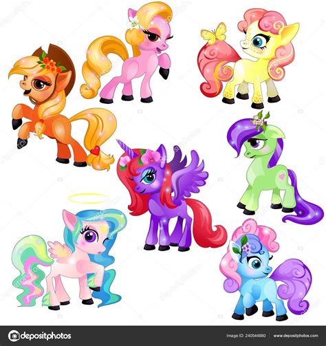 Dessin de plusieurs poneys colorés avec leurs accessoires