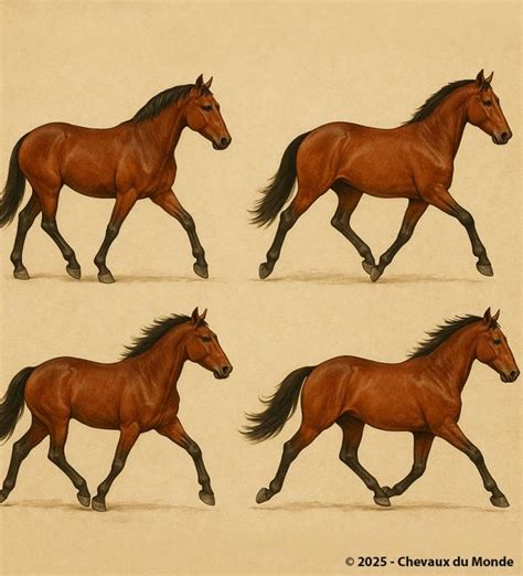 Illustrations des différentes allures du cheval
