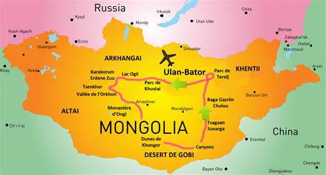 Carte de la Mongolie indiquant les principaux sites de réintroduction du Cheval de Przewalski